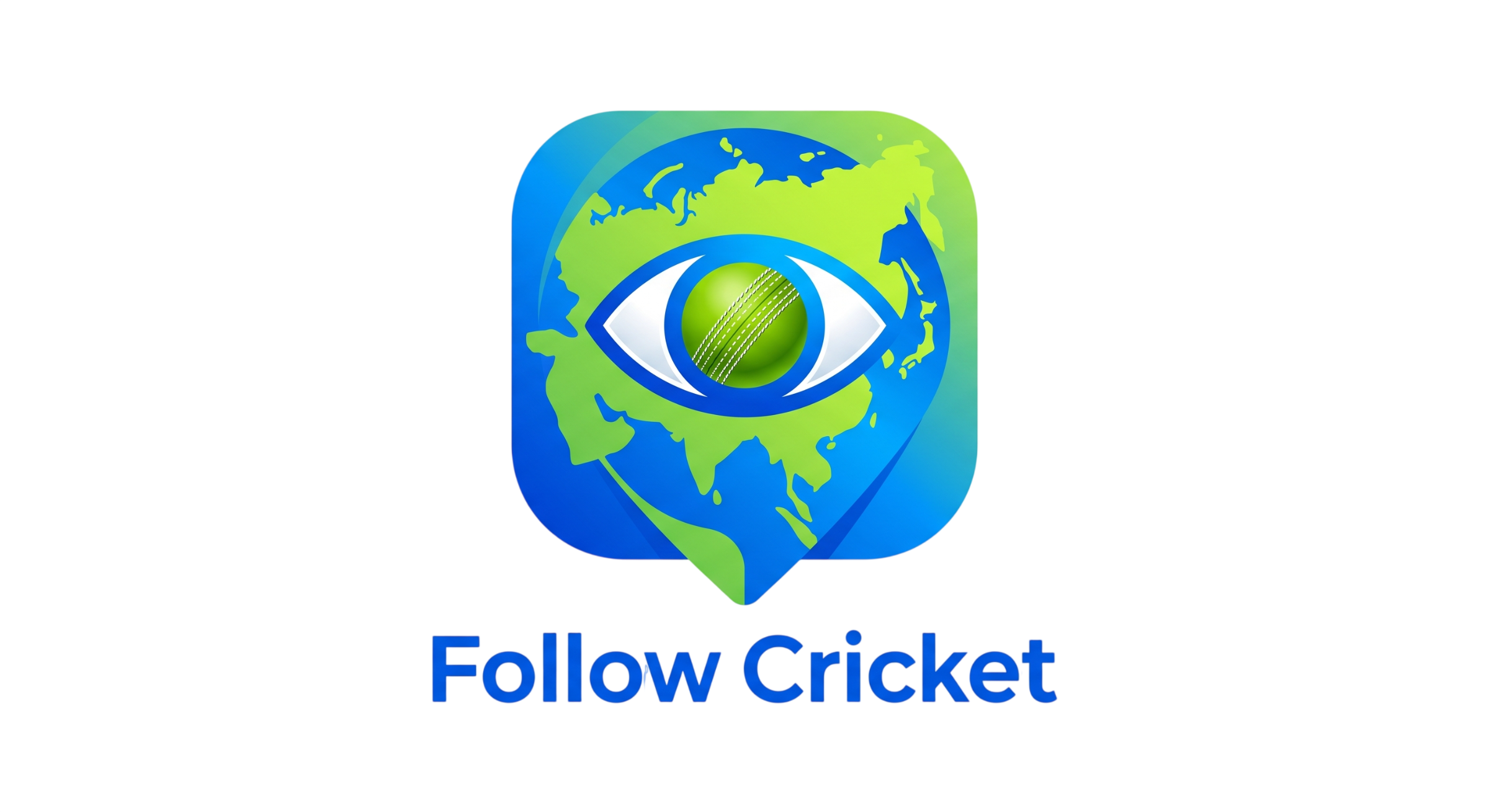 A modern digital logo icon featuring a rounded map pin shape with an Asia outline, containing an eye with a cricket ball pupil. The color palette uses electric blue, lime green, and white gradients. Below the icon is the text "Follow Cricket" in blue sans-serif font, isolated on a transparent background.